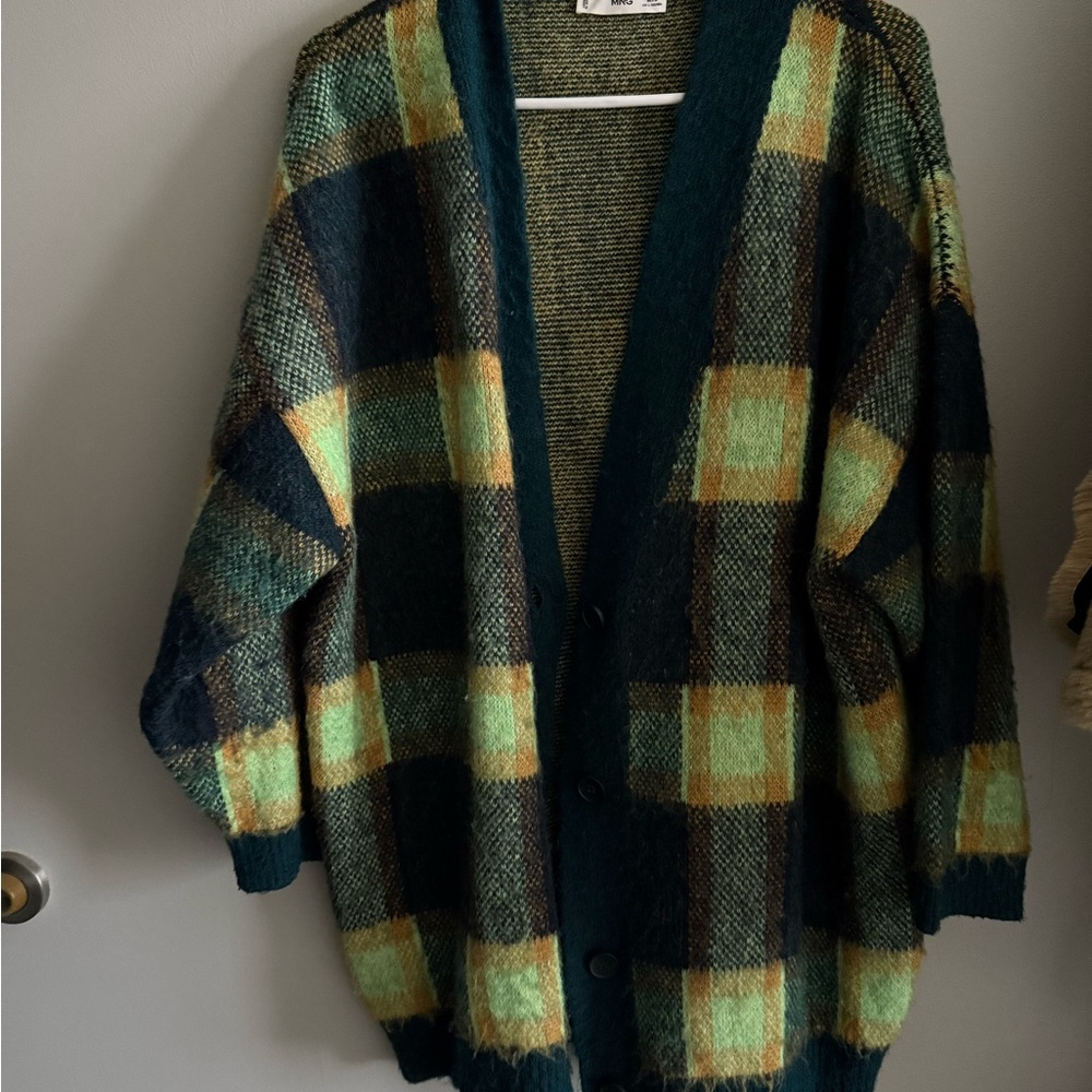 Mango Plaid Cardigan - Green and Yellow